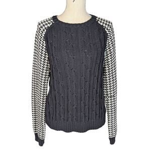 Miss Wu Mixed Knit Sweater Black & Ivory Houndstooth Cable Knit Size XL